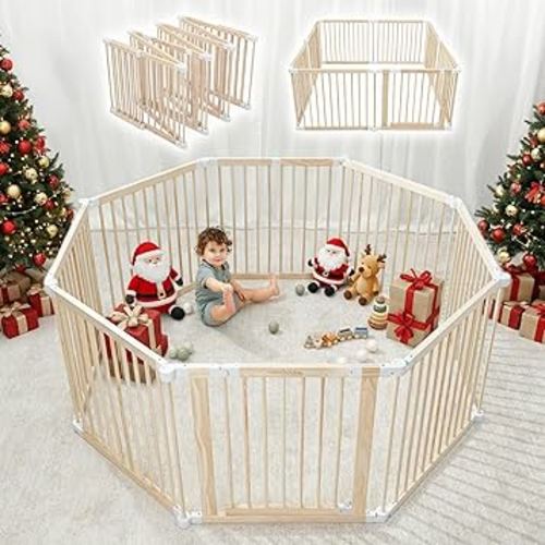 Comfy Cubs Baby Gate Playpen - 57 x 57 x 25 in, Extends Up to 228” - Pine Wood Foldable Playpen with Child-Proof Lock - Easy Assembly Baby Fence Play Area for Babies & Toddlers - Light Wood White