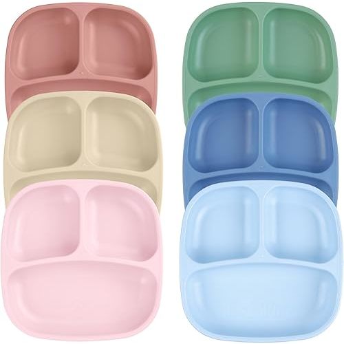 Re-Play Toddler Plates with Dividers - Deep-Walled 3 Compartments Divided Plates for Kids - Dishwasher & Microwave Safe - Made in USA - Set of 6-7.37" x 7.37" x 1.25" - Meadow