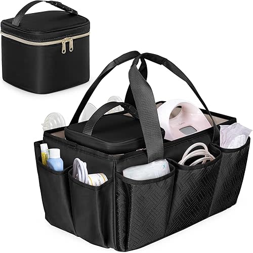 Fasrom Breast Pump Caddy Organizer Bag with Cooler Compatible with Spectra S1 and S2, Pumping Tote Bag Baby Diaper Storage Basket to Hold Pump Parts and Baby Items, Black (Patent Design)