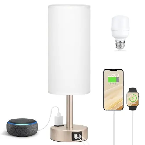 Antique White Bedside Table Lamp for Bedroom - 3 Way Dimmable Touch Lamp USB C Charging Ports and AC Outlet, Small Lamp Gold Base Round Flaxen Fabric Shade for Living Room, Desk, LED Bulb Included
