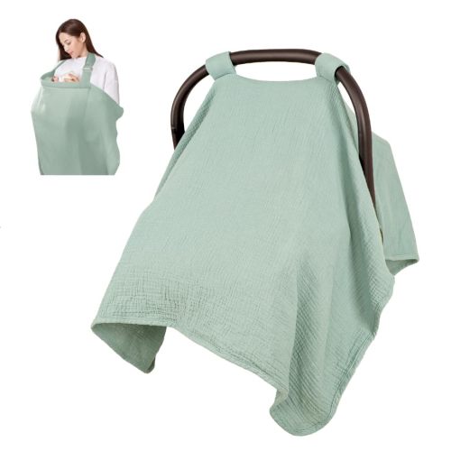 Summer Muslin Infant Car Seat Cover, Breathable Carseat Cover for Baby Girls, Multi-Purpose Breastfeeding Covers for Nursing, Green