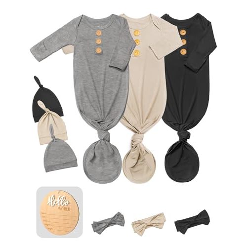 3 PK Baby Knotted Gowns Set with Mittens, Hats, Headbands & Wooden Name Tag for Breathable Newborns Going Home Outfit