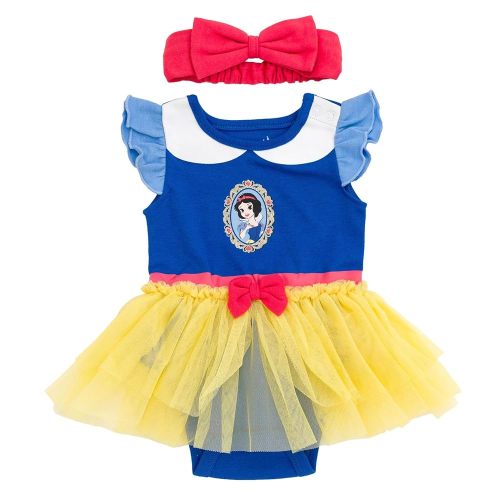 Disney Princess Baby Girls Cosplay Bodysuit With Skirt Overlay & Headband Outfit Set Newborn to Infant Sizes (0-24 Months)