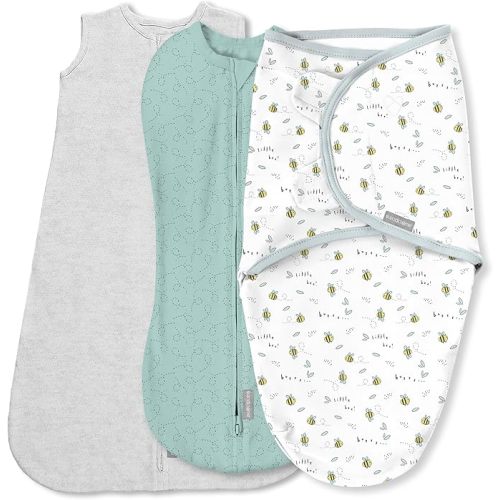 SwaddleMe by Ingenuity Comfort Pack Baby Swaddle Set, Size 0-3 Months, 5-14 Pounds, SwaddleMe Pod, Original Swaddle, Night Sack, 3pk - Little Bees