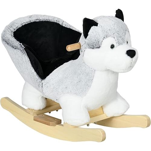 Qaba Wooden Rocking Horse, Husky Themed Rocking Animal for Baby, Animal Rocker Ride-On Toy for Kids 18+ Months with Realistic Sounds, Seat Belt, Gray