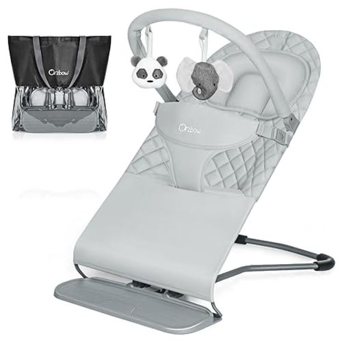 Orzbow Portable Baby Bouncer, Foldable Baby Bouncer Seat with Storage Bag and Removable Play Bar, 3 Recline Positions, 0-12 Months Up to 20lbs, Ergonomic Design, Easy to Wash, Grey