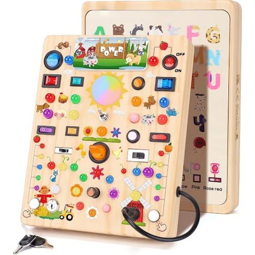 Busy Board with 19 LED Light Switches, Montessori Toys for 1 2 3 Years Old, Wooden Sensory Board, Toddlers Activity Travel Toys for 1 2 3 Year Old Boy & Girl Birthday Gift (Big Farm)