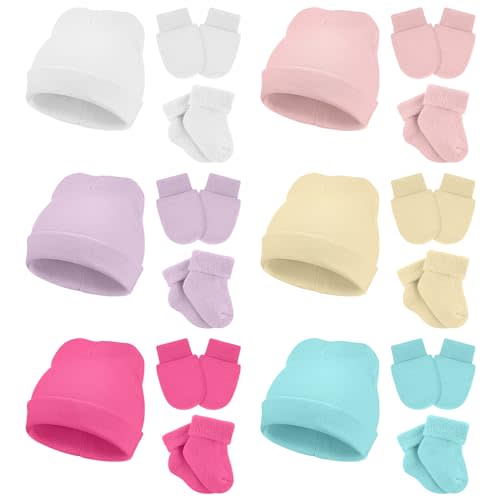 Toulite 6 Pack Preemie Hats Mittens and Socks Set Cotton Preemie Beanie Hat Socks and No Scratch Mittens