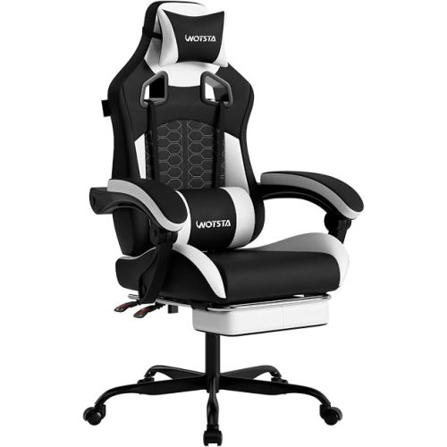 Gaming Chair with Massage,Ergonomic PC Gaming Chair with Footrest Comfortable Headrest and Lumbar Support,High Back PVC Leather,300LBS (Black White)