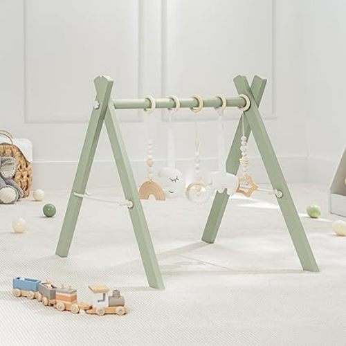 Comfy Cubs Baby Play Gym - Natural Finish Pinewood Baby Activity Center with 5 Sensory Hanging Toys - Easy No-Tool Assembly Baby Gym, Safe for Infant Motor and Visual Development - Sage