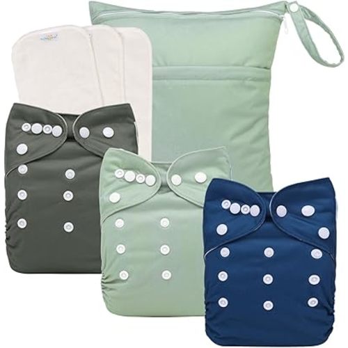 babygoal AWJ Cloth Diapers with Tummy Panel Pack of 7, 3 Diaper Cover with 3 Inserts and Wet Dry Bag, Adjustable Washable Reusable for Baby Girls and Boys