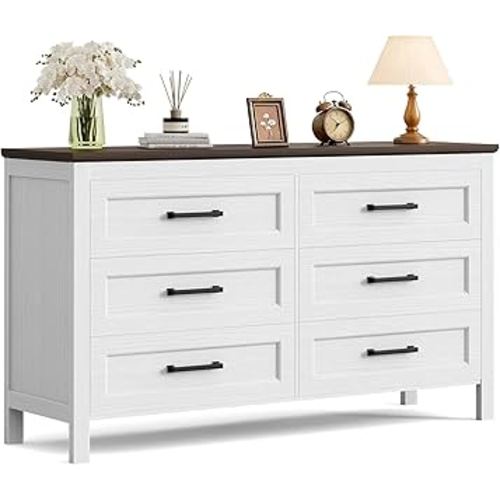 YESHOMY White Dresser for Bedroom, Wooden 6 Drawer Dresser, Closet Storage Organizer Chest of Drawers for Living Room, Hallway, Closet, Brown & White