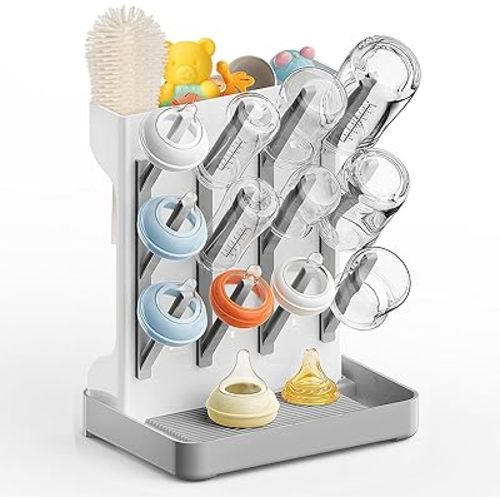 Baby Bottle Drying Rack: Vertical Space Saving Countertop Drying Rack - BPA-Free Baby Accessories Storage Stand Organize Brushes Pacifiers on Countertop - Elegant Grey