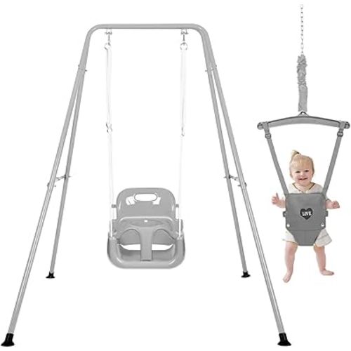 Toddler Swing Set and Baby Jumper, Foldable Baby Swing Set with Metal Stand for Indoor & Outdoor Use, Baby Bouncer Jumper Durable Swing Set for Aged 1-10 Years, Grow with Your Child