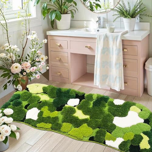 Hifuwan Cute Green Moss Bathroom Runner Rugs 24x60, Plant Leaves Bath Mats | Extra Large, Shaggy, Non Slip, Absorbent,Machine Washable Shower Mats for Kitchen Bedroom Sinks Cottagecore Decor
