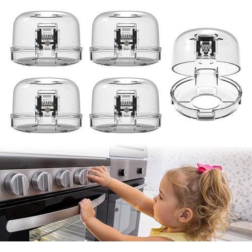 Stove Knob Covers - 5 Pack Heat Resistant Gas Stove Knob Covers with Child Proof Lock & 3M Strong Adhesive, Oil-Proof Oven Knob Covers with Clear Transparent Design, Pet-Friendly