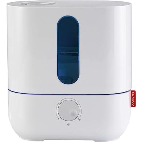 BONECO 1 Gallon Whisper Quiet Cool Mist Ultrasonic Humidifier for Large Room with LED Light, Control Knob, and Essential Oil Holder, White