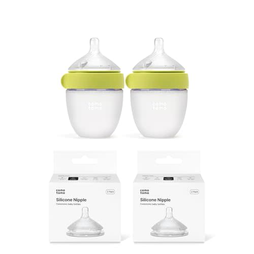 Newborn Baby Bottle Feeding Set – Comotomo Gen 2 5oz Silicone Baby Bottles (Green) + Slow Flow & Medium Flow Nipples – Anti Colic Breast Like Bottle for Newborn Feeding