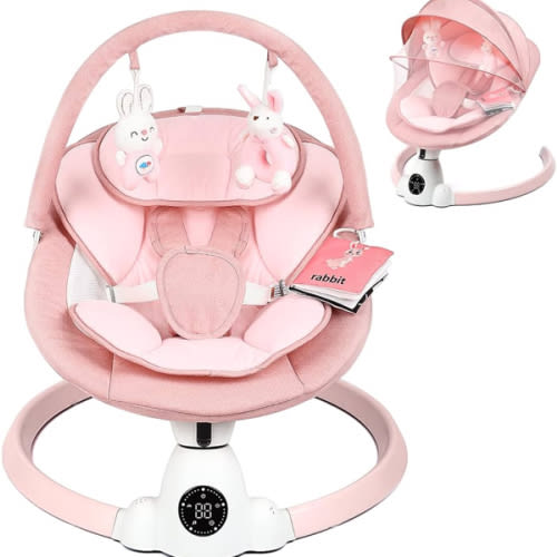 Baby Swing for Infants, Portable Electric Baby Swings with Bluetooth, 5 Swing Speed, 10 Lullabies, 5-Point Harness, Remote Control & Touch Panel - Infant Swing for Indoor & Outdoor Use, Pink