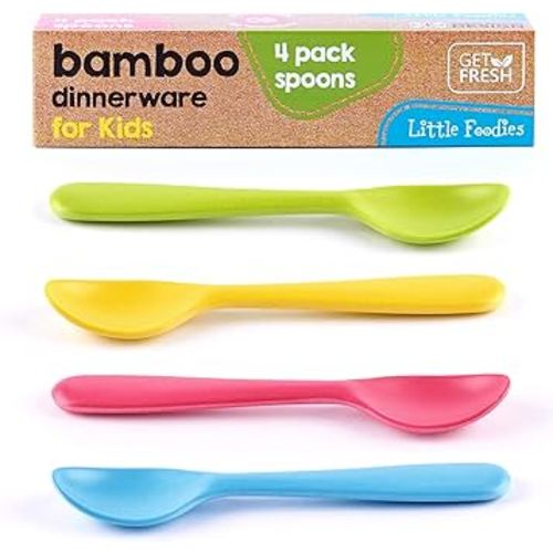 GET FRESH Bamboo Kids Spoons Set – 4-pack Reusable Bamboo Fiber Kids Spoons for Everyday Use – Large Bamboo Kids Cutlery for Daily Mealtime – Colorful Bamboo Utensils for Toddlers and School Children