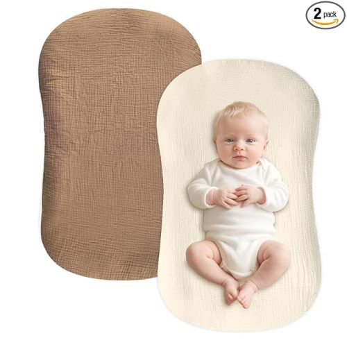 Muslin Baby Lounger Cover 2 Pack - 100% Breathable Cotton Soft Infant Lounger Covers, Fits Most Standard Newborn Loungers & Pillows (Brown, Wheat)