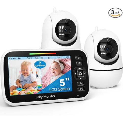 GoodBaby 5" Split Screen Baby Monitor with 2 Cameras and Audio | No WiFi Secure Camera, 30-Hour Battery, Remote PTZ, Auto Night Vision, Room Temperature, Two-Way Audio,Lullabies,960 ft Range