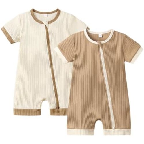 Bafeicao Unisex Baby Boy Girl 2 Pack Rompers Short Sleeve,Beige+ Apricot
