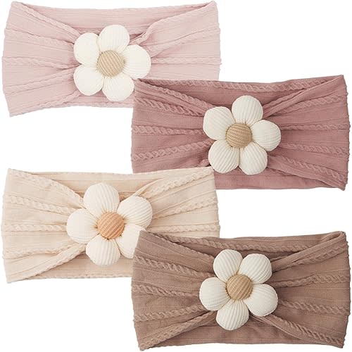 4 PCS Baby Flower Headbands for Infant Girl - Nylon Hair Bows for Newborn Infant Toddler for Kids - Lovely Floral Design, Soft & Comfortable, Perfect, For All Occasions