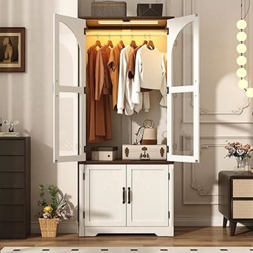 Tall Farmhouse 2 Doors Armoire Wardrobe Closet with LED ,72" Freestanding Arched Wardrobe Closet Cabinet for Bedroom w Glass Doors,Wooden Clothing Storage Cabinet,Closets for Bedroom(White)