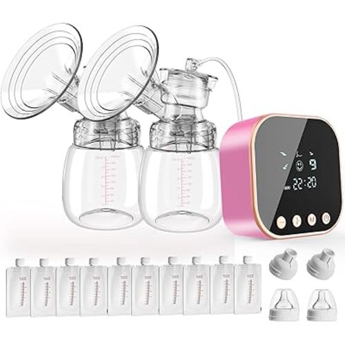 Lulia Double Electric Breast Pump, Breastfeeding Pump 4 Modes & 9 Levels, Low Noise, Anti-Backflow & LED Display, BPA Free, Portable Breast Pumps with 24mm Flange, Pink