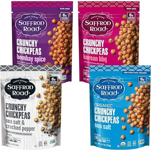 Saffron Road Roasted and Crunchy Bombay Spice, Korean BBQ, Sea Salt & Cracked Pepper Chickpeas | High Protein Snacks | Gluten-free, Vegetarian, Non-GMO, and Certified Halal and Kosher | Pack of 4