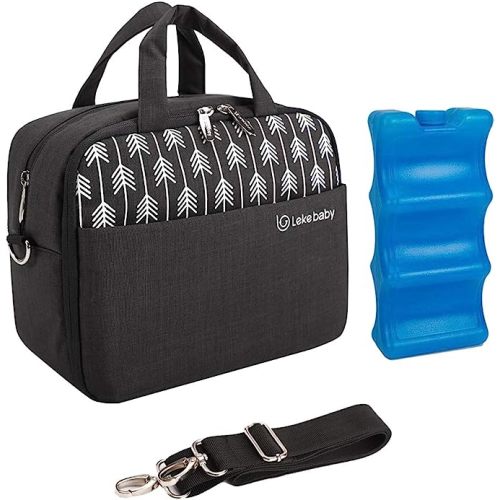 Lekebaby Breast Milk Cooler Bag with Contoured Ice Pack Fits 6 Baby Bottles Tote Bag for Daycare Travel Nursing Mothers Storage, Black - B. Black with Arrow Print