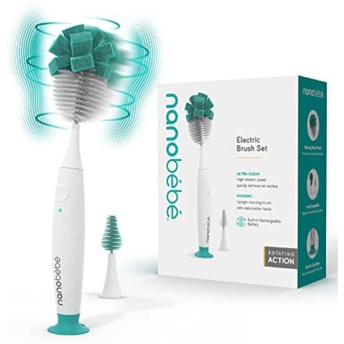 Nanobebe E-Brush Baby Bottle Cleaner - Electric Bottle Cleaning Brush, Baby Accessories, and Sippy Cups - Rechargeable, Includes Replaceable Brush Head