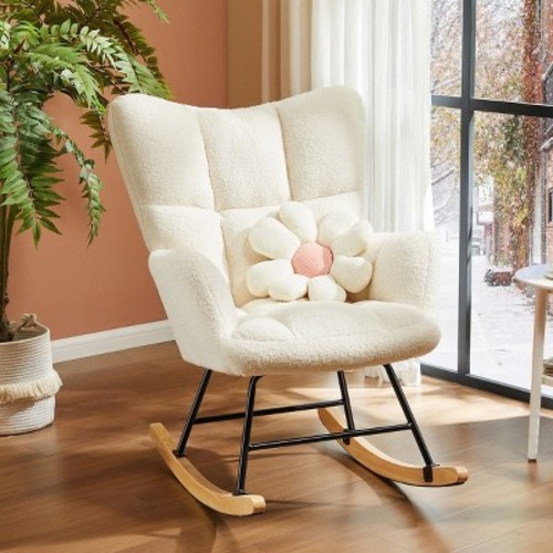 JIONJOY Nursery Rocking Chair High Back Plush Upholstered Glider Rocking Chair | Beige
