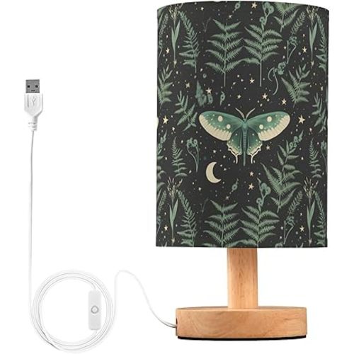 Fustylead Mystical Green Moth with Stars Moon Ferns Bedside Table Lamps with USB Port for Bedroom Lamp Small Nightstand Lamp Sturdy Linen Shade Wooden Decorative Lamps for Living Room Home Dorm Kids
