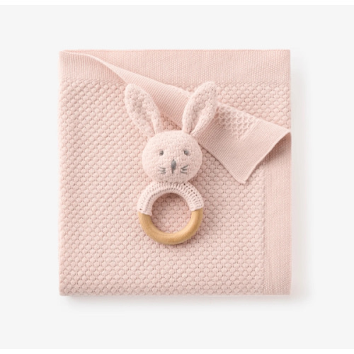 Blush Textured Knit Blanket + Bunny Ring Rattle Gift Set – Elegant Baby