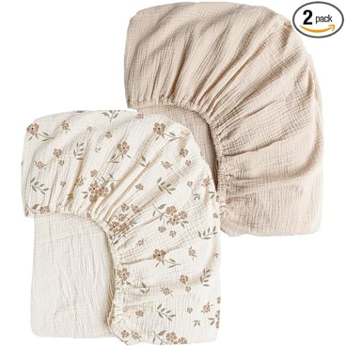 Konssy Muslin Crib Sheets for Girl Boy, 2 PCS Soft and Breathable Cotton Baby Sheets for Standard Crib Mattress, 52"x 28" (Blossom, Cream)