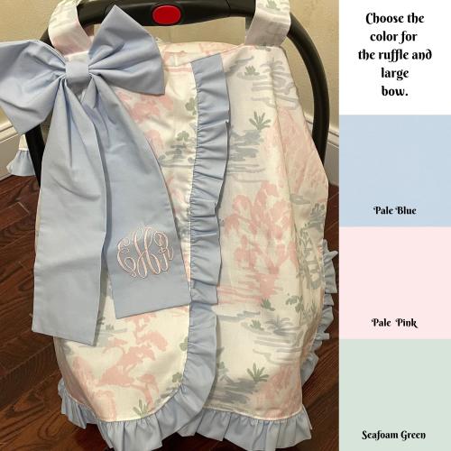 Pink and Blue Meadow Toile Car Seat Canopy with Large Bow and Ruffle, Monogrammed Car Seat Tent, Personalized Baby Shower Gift