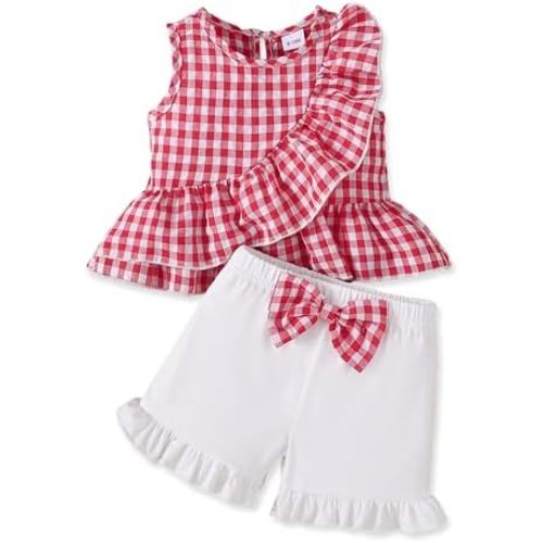 Toddler Baby Girl Clothes Summer Outfits Infant Sleeveless Ruffled Vest Top Shirts Cute Bow Short Sets 2Pcs