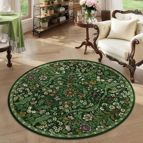 Round Rug 4ft Dark Green Washable Floral Circle Rug,Vintage Boho Botanical Round Area Rugs, Non-Slip Soft Low-Pile Circular Carpet for Bedroom,Kids Room,College Dorm,Home Decor
