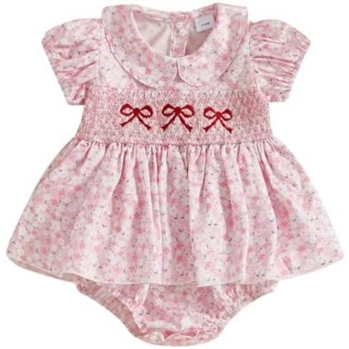 GOOCHEER Newborn Baby Girl Summer Outfits Bow Embroidery Smocked Romper Dress Floral Short Sleeve Bodysuit Jumpsuit Clothes