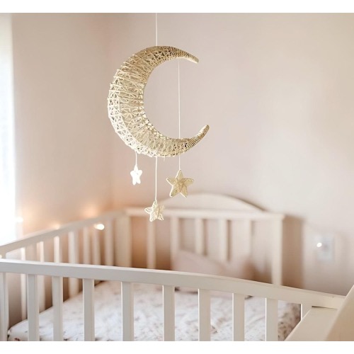 Nordic Rattan Moon & Star Wall Hanging, Handmade Woven Nursery Decor