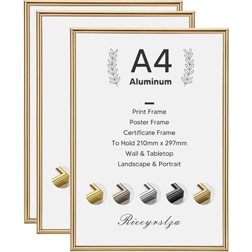 Aluminium Picture Frame Set of 3 Aluminum Document Frames 21 x 29.7 cm A4 Collage Frame Wall & Table Frame Poster Wall Picture Frame Suitable for Home School Gallery (Champagne)