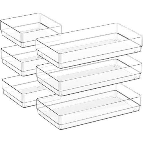 SMARTAKE 6 PCS Clear Plastic Drawer Organizers Set, Large Size Non-Slip Desk Drawer Organizer, 2-Size Versatile Bathroom and Vanity Drawer Organizer Trays for Makeup, Bedroom, Office, Kitchen Utensils