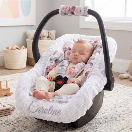 Pink Roses on Gray Baby Car Seat Insert Cushion Set - Head and Body Support Pillow - Personalized Minky Car Seat Liner - Strap Covers