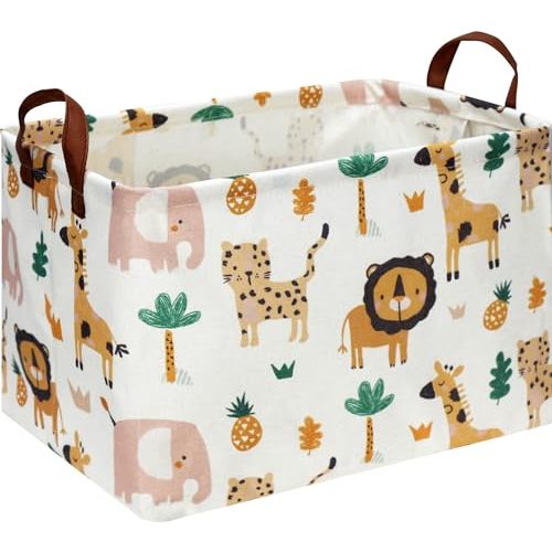 HKEC Rectangle Storage Basket with Handles,Collapsible Toys Bin,Books Box,Gift Basket(Hand-drawn Animal)
