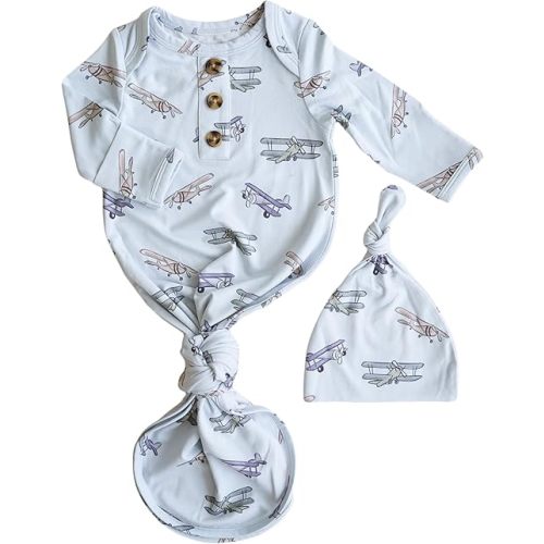 Caden Lane Newborn Knotted Gown with Hat, Soft Bamboo Viscose Baby Sleep Sack, Unisex Infant Nightgown, Breathable Sleepwear
