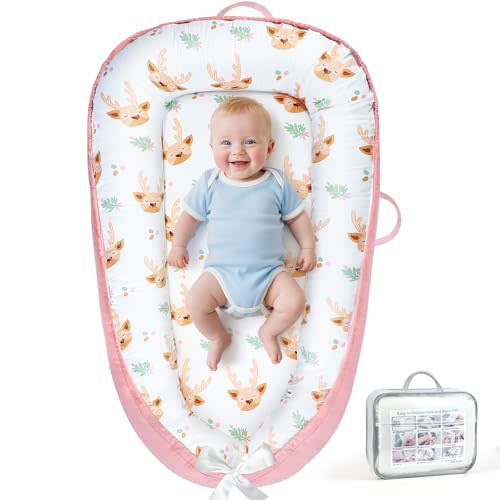 KISS GOLD Baby Lounger - Breathable Soft Cotton Cover Baby Lounger Nest, Babies Essentials Gifts, Portable Lounger for Baby Tummy Time Floor Playing Seated Support for Home and Travel