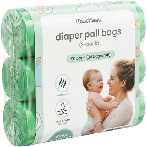 iTouchless Universal Diaper Pail & Trash Can Refill Bags (90 Count) - Heavy Duty & Tear-Resistant Nursery Liners - Fits Most Systems & Small Bins - 3 Pack - Stop Expensive Refills - Odor-Lock Strength