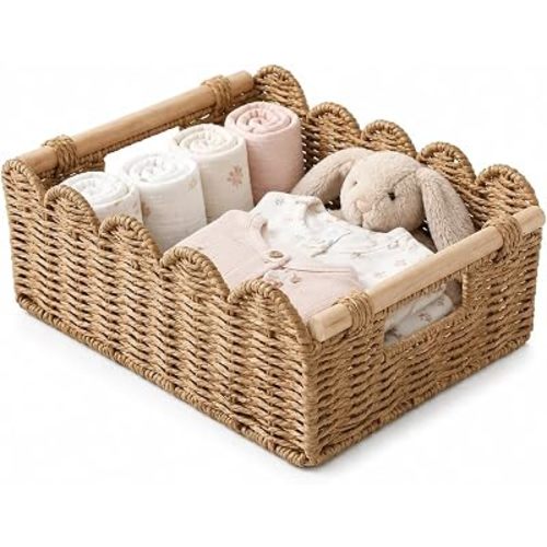 Scalloped Storage Basket with Handles, Decorative Woven Paper Rope Wicker Basket, Large Nursery Basket for Shelves, Books, Toys & Home Decor, 13.7"L×9.8"W×6.7"H, Natural